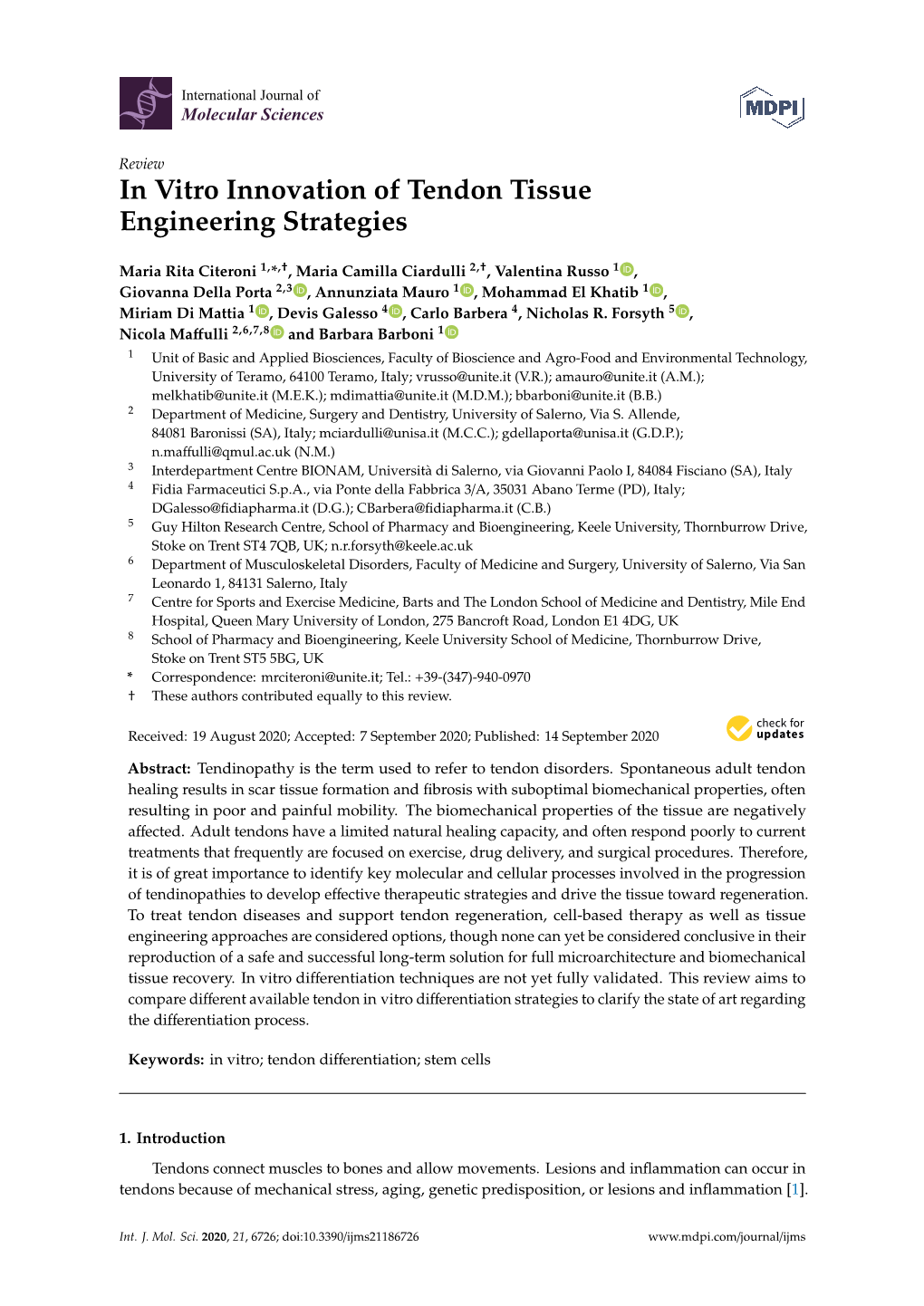 In Vitro Innovation of Tendon Tissue Engineering Strategies