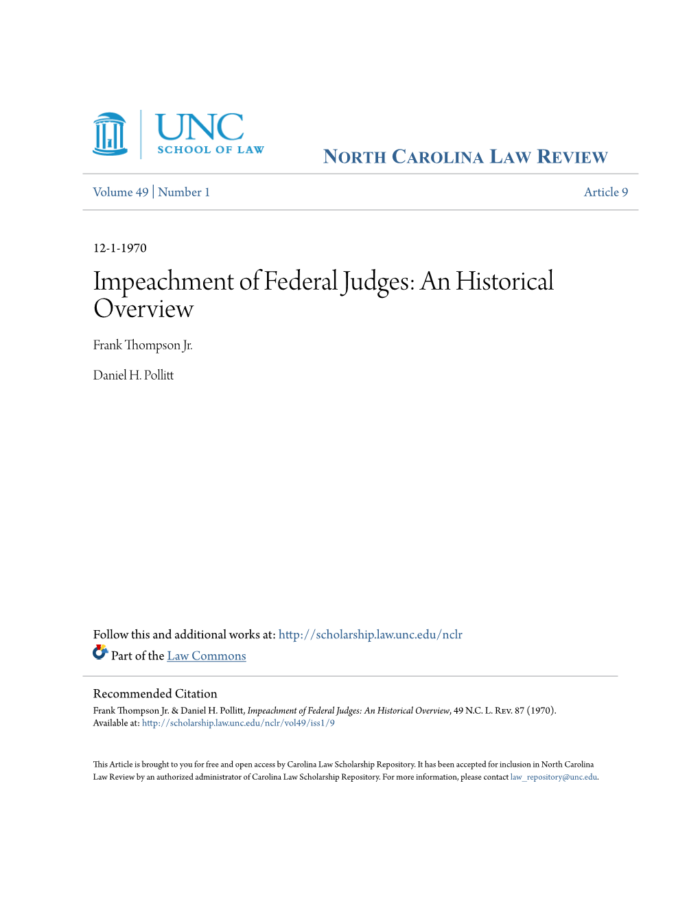 Impeachment of Federal Judges: an Historical Overview Frank Thompson Jr