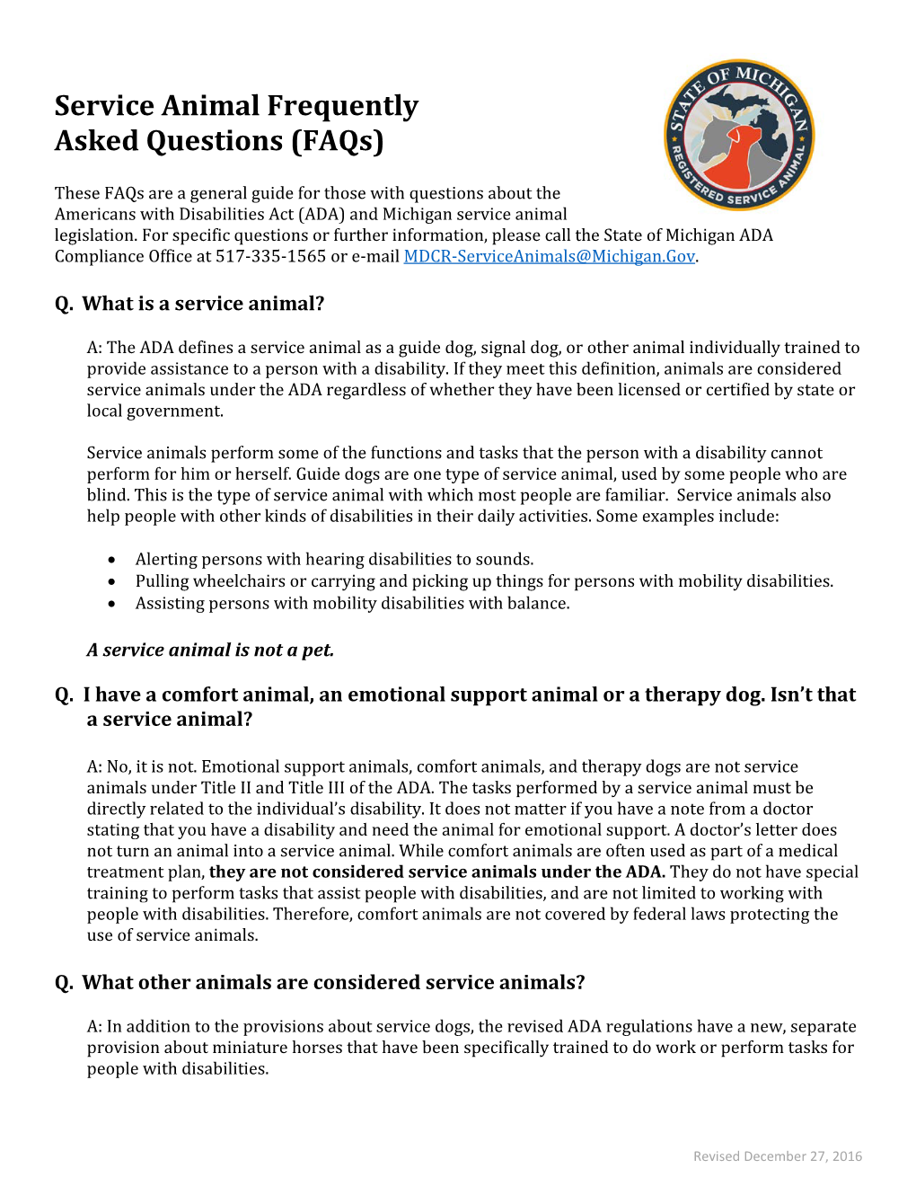 Service Animal Frequently Asked Questions (Faqs)