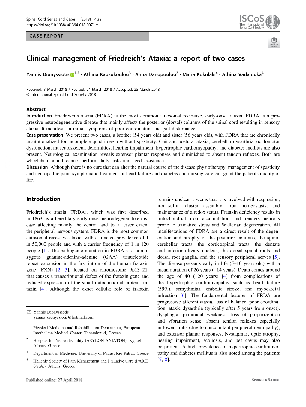 Clinical Management of Friedreich's Ataxia: a Report of Two Cases