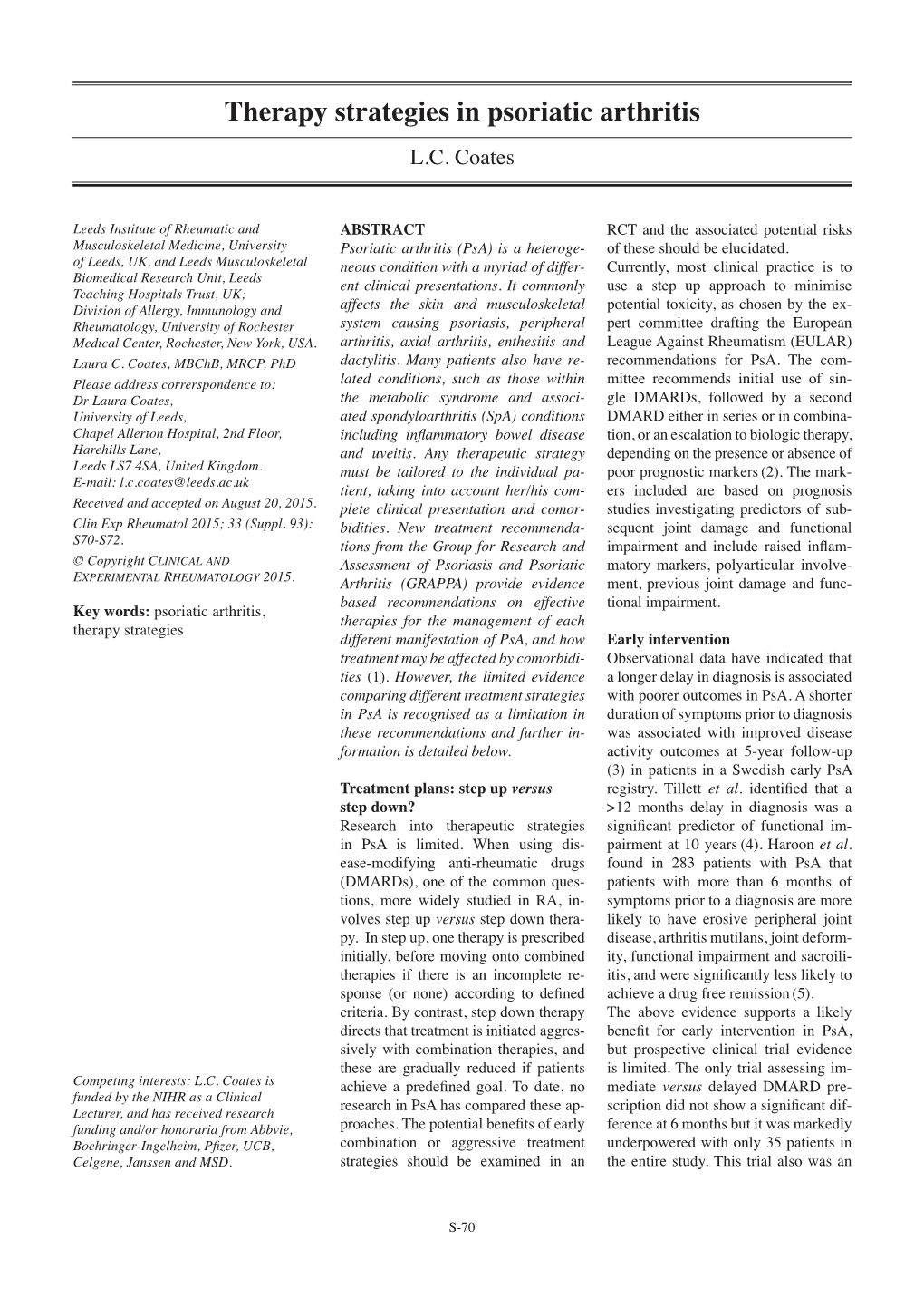 Therapy Strategies in Psoriatic Arthritis L.C