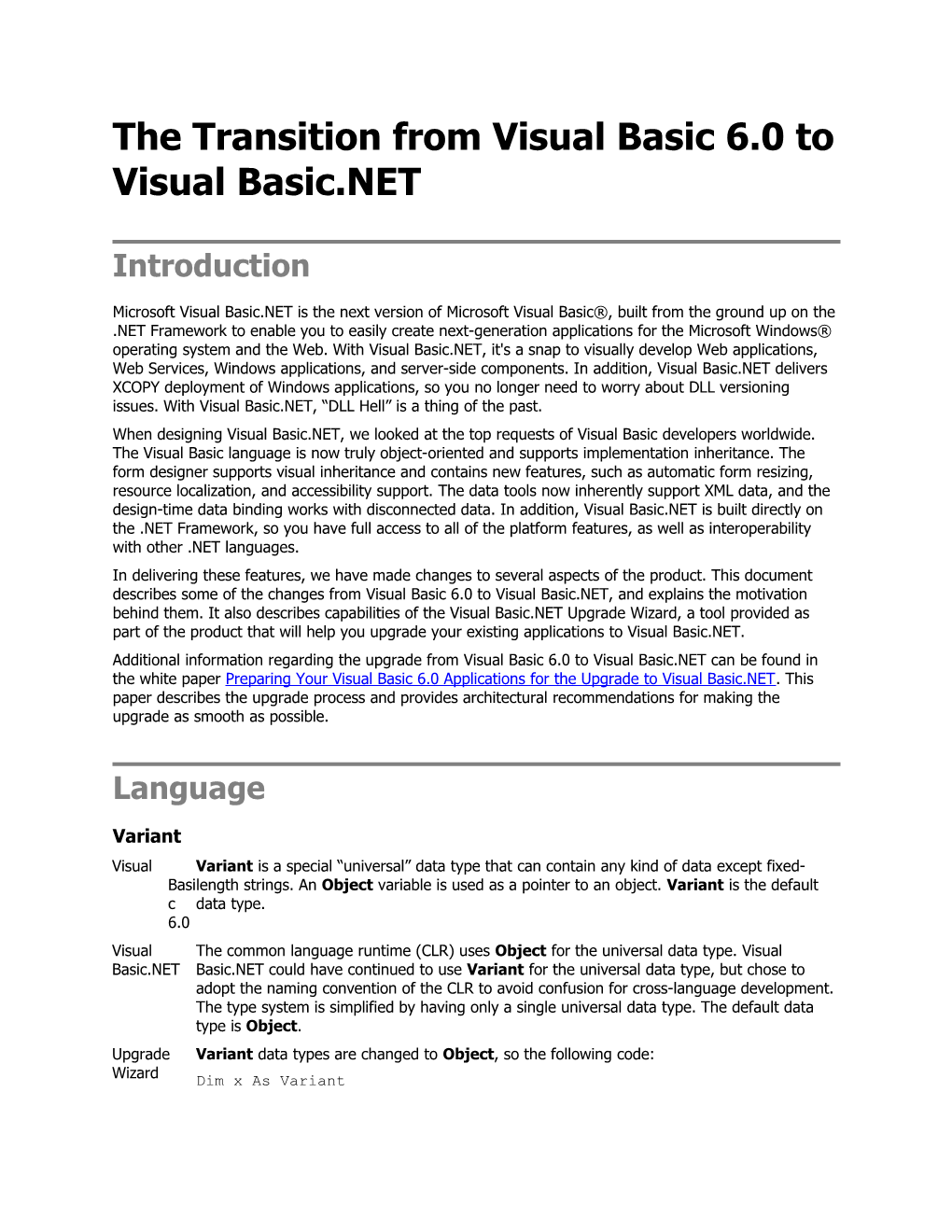 The Transition from Visual Basic 6.0 to Visual Basic.NET