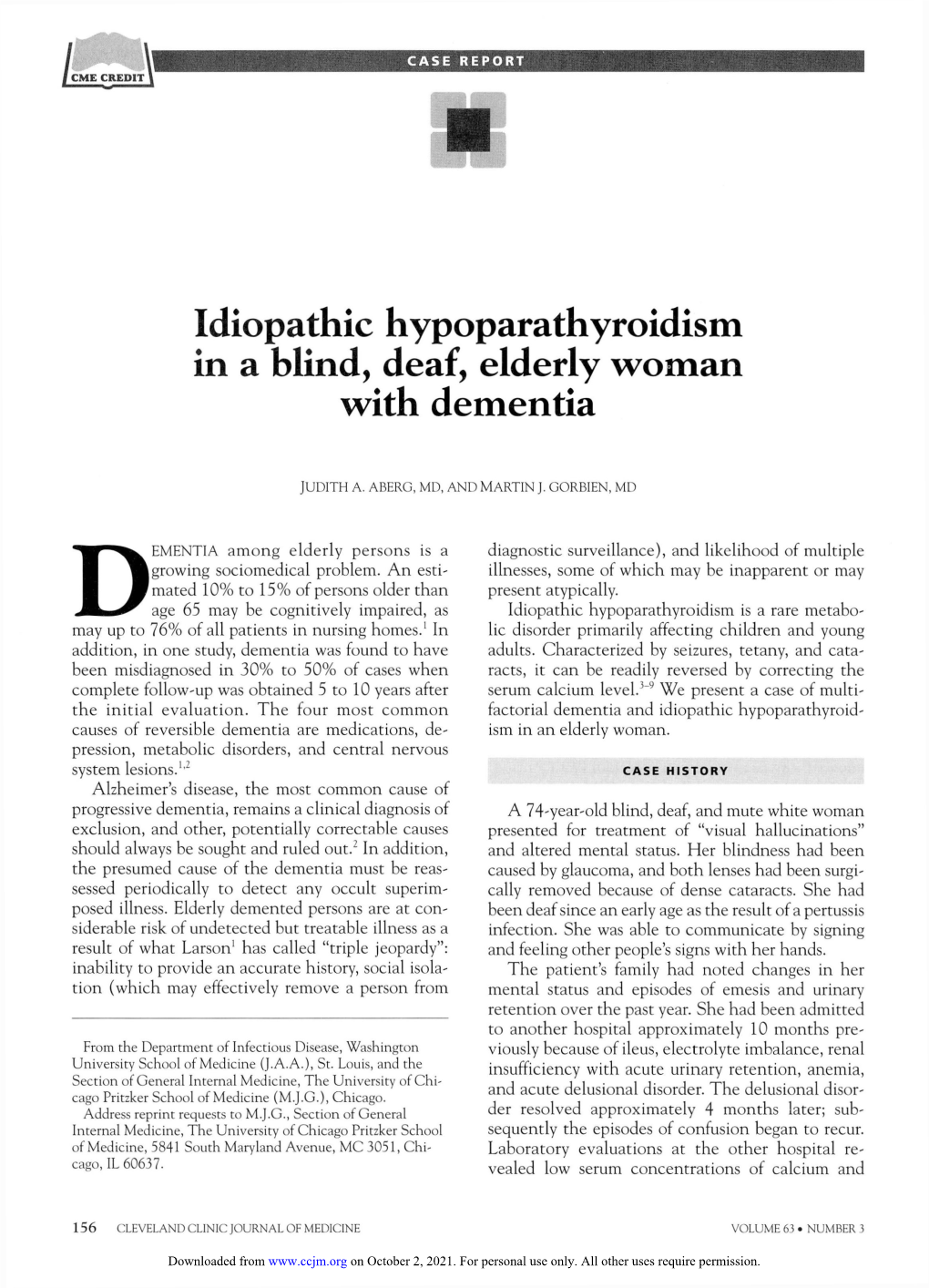 Idiopathic Hypoparathyroidism in a Blind, Deaf, Elderly Woman with Dementia