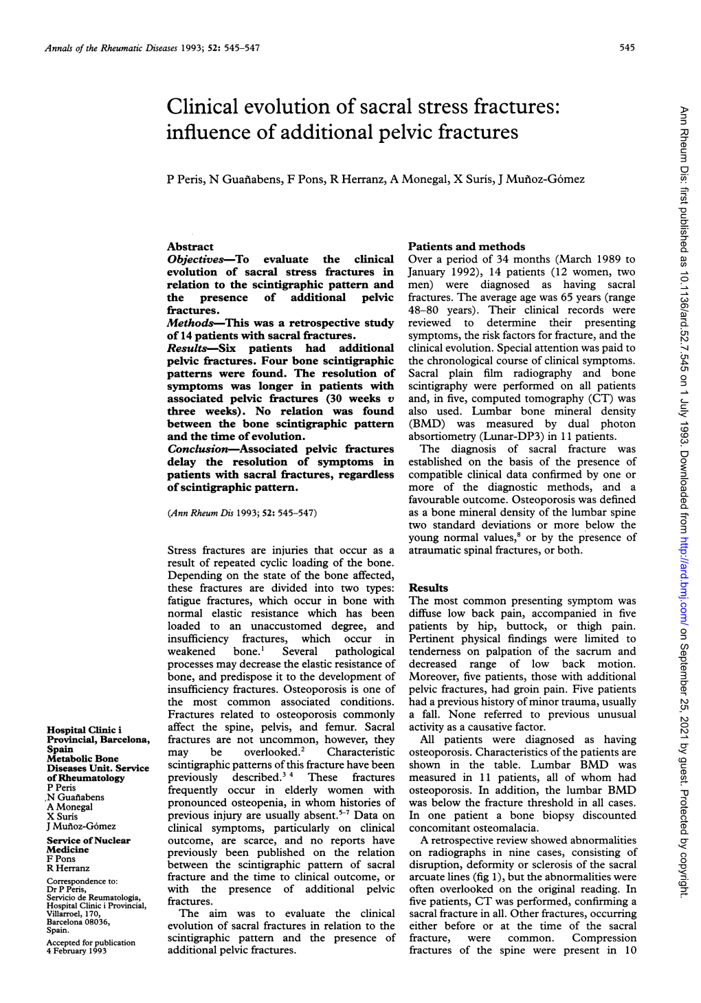 Clinical Evolution of Sacral Stress Fractures: Ann Rheum Dis: First Published As 10.1136/Ard.52.7.545 on 1 July 1993