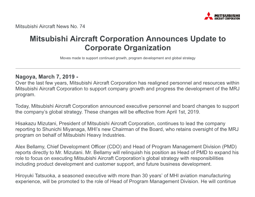 Mitsubishi Aircraft Corporation Announces Update to Corporate Organization