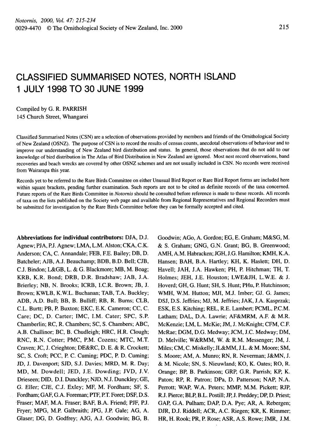 Classified Summarised Notes, North Island 1 July 1998 to 30 June 1999