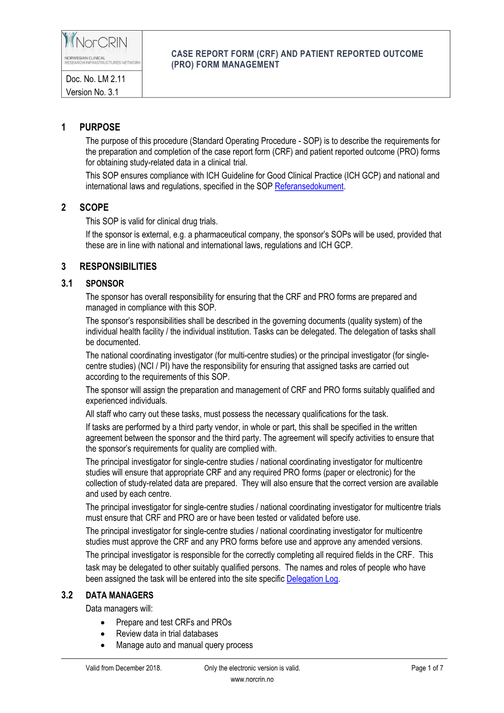 (CRF) and PATIENT REPORTED OUTCOME (PRO) FORM MANAGEMENT Doc