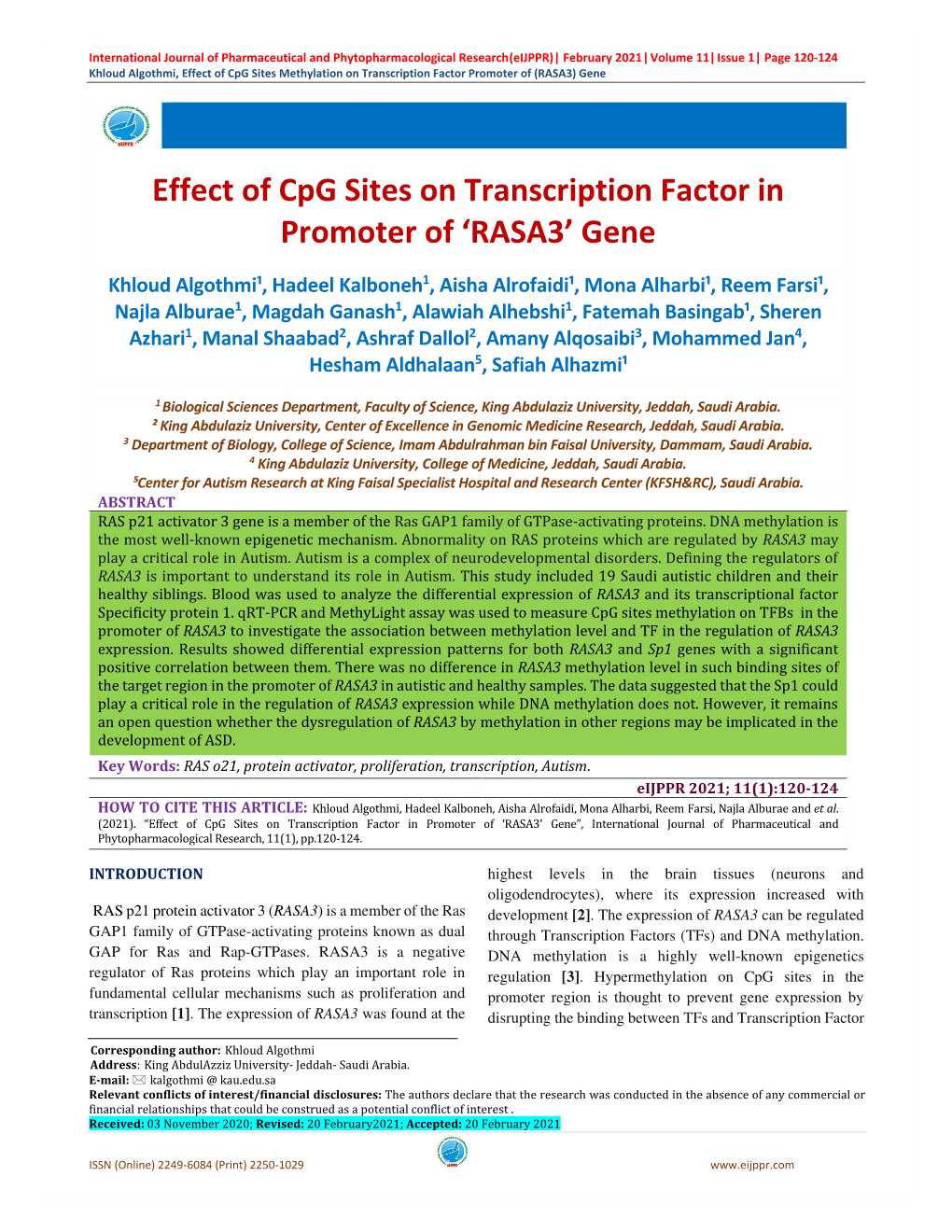 Effect of Cpg Sites on Transcription Factor in Promoter of 'RASA3' Gene