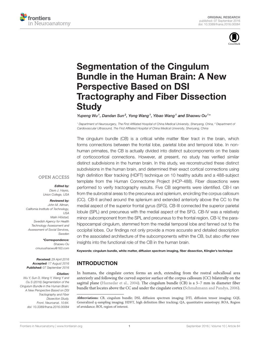 Segmentation of the Cingulum Bundle in the Human Brain