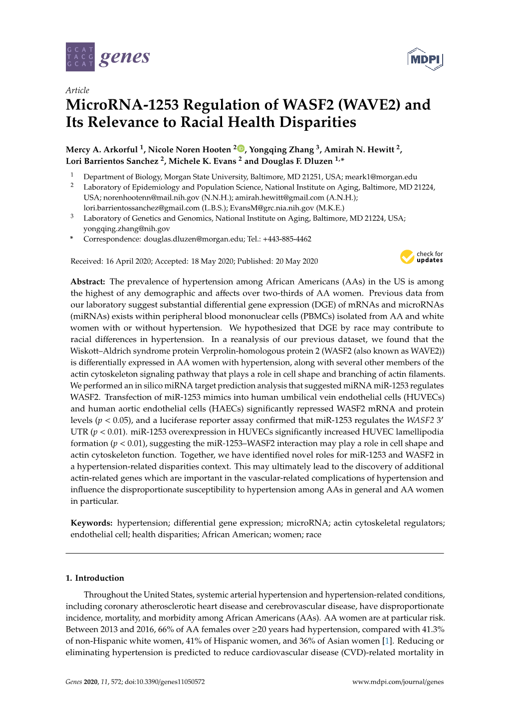 Microrna-1253 Regulation of WASF2 (WAVE2) and Its Relevance to Racial Health Disparities