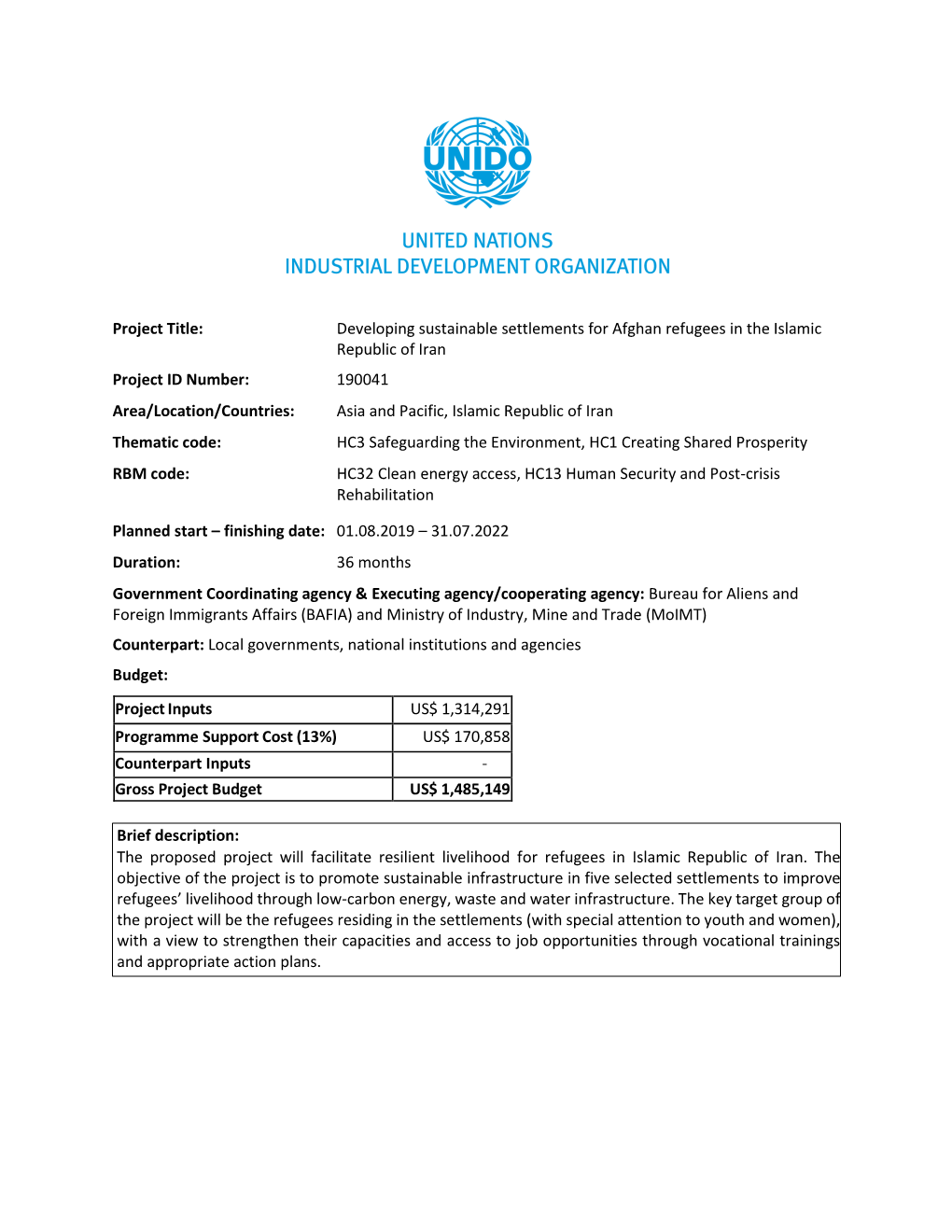 Project Title: Developing Sustainable Settlements for Afghan Refugees In