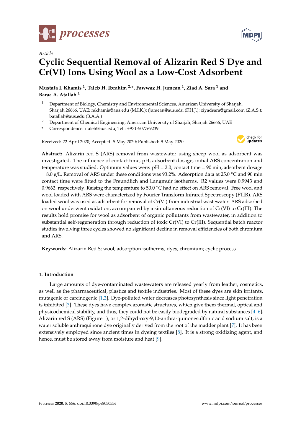 Cyclic Sequential Removal of Alizarin Red S Dye and Cr(VI) Ions Using Wool As a Low-Cost Adsorbent