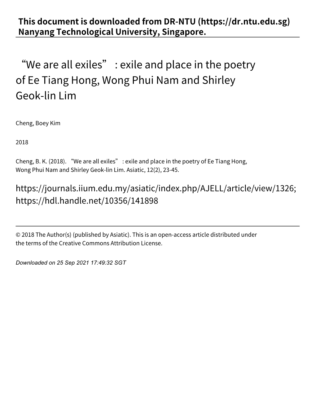 Exile and Place in the Poetry of Ee Tiang Hong, Wong Phui Nam and Shirley Geok‑Lin Lim