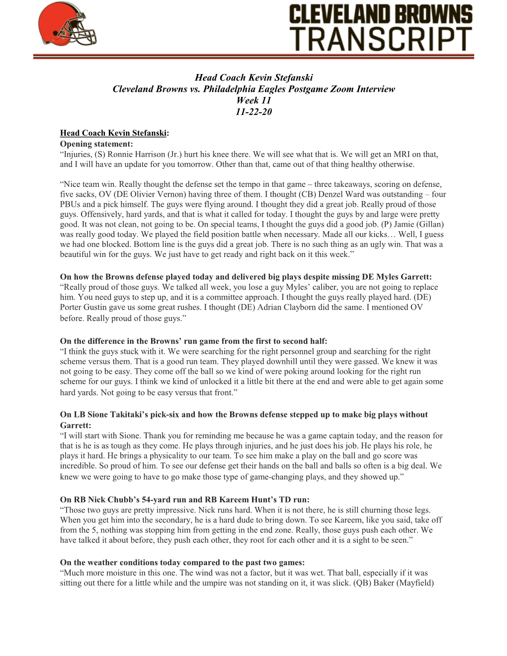 Head Coach Kevin Stefanski Cleveland Browns Vs. Philadelphia Eagles Postgame Zoom Interview Week 11 11-22-20