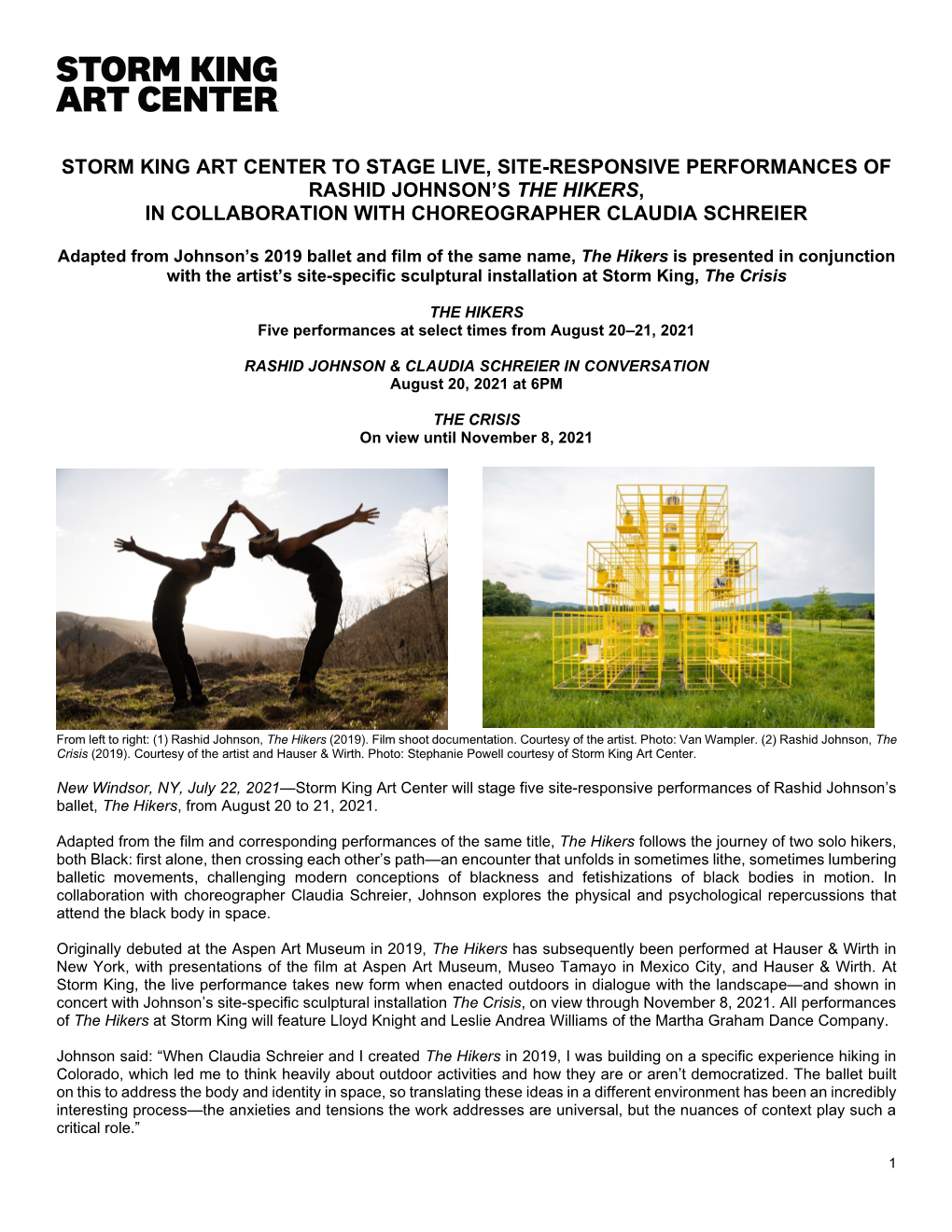 Storm King Art Center to Stage Live, Site-Responsive Performances of Rashid Johnson’S the Hikers, in Collaboration with Choreographer Claudia Schreier