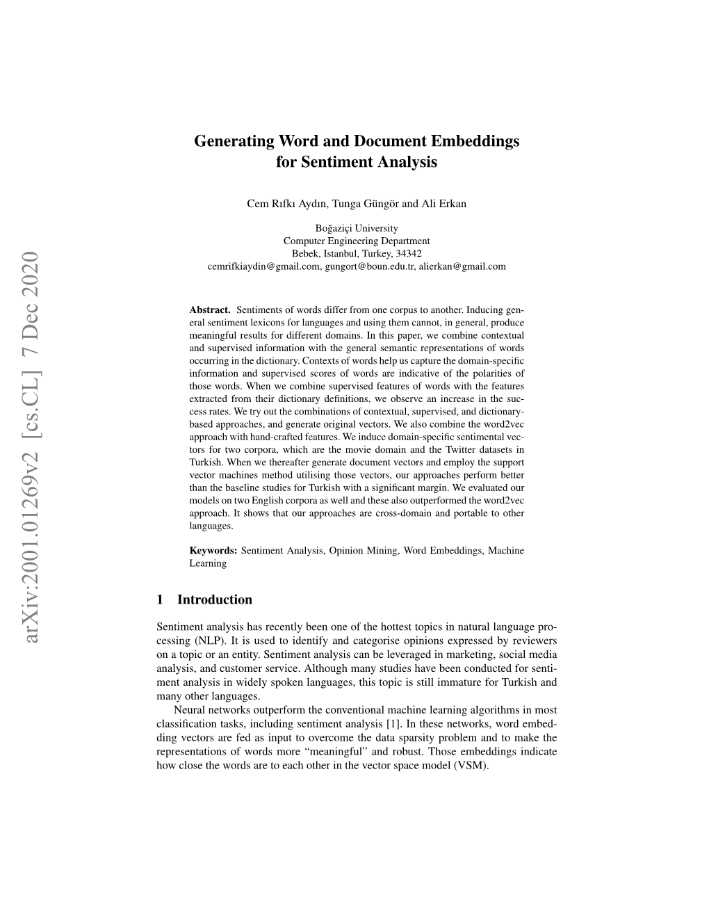 Generating Word and Document Embeddings for Sentiment Analysis