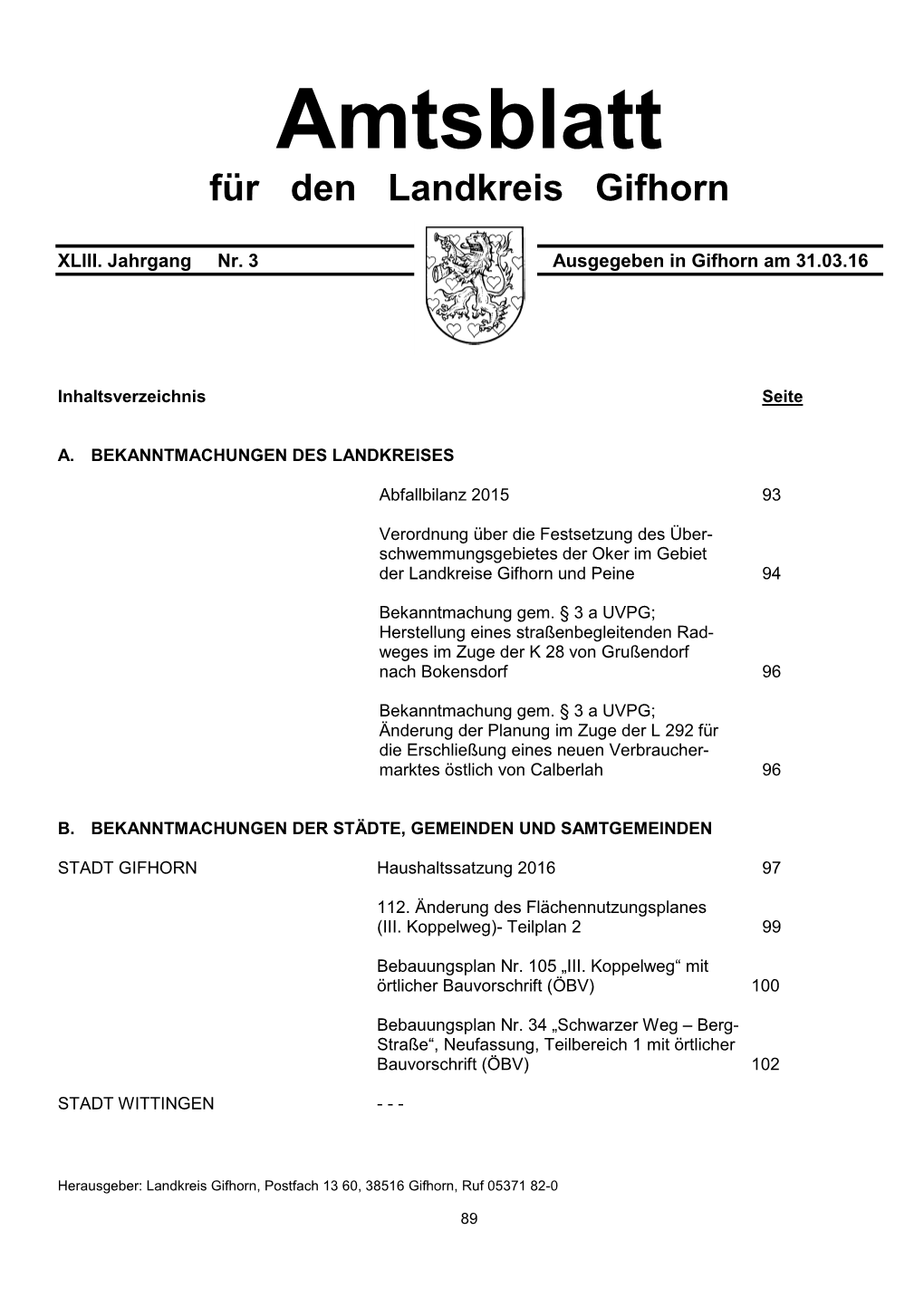 Amtsblatt Für Den Landkreis Gifhorn