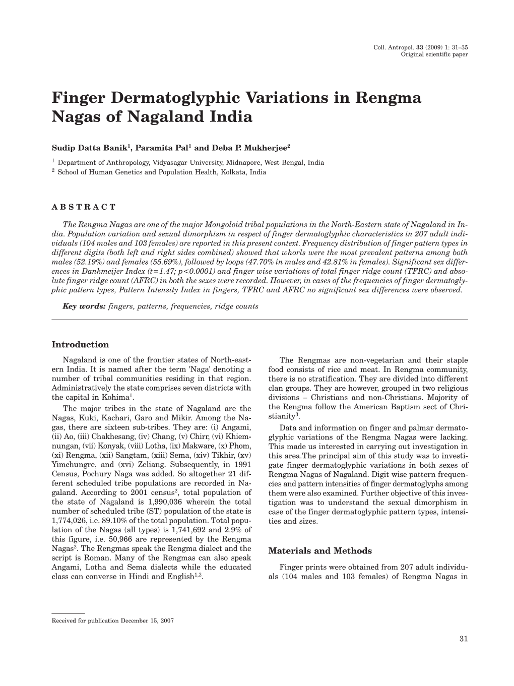 Finger Dermatoglyphic Variations in Rengma Nagas of Nagaland India