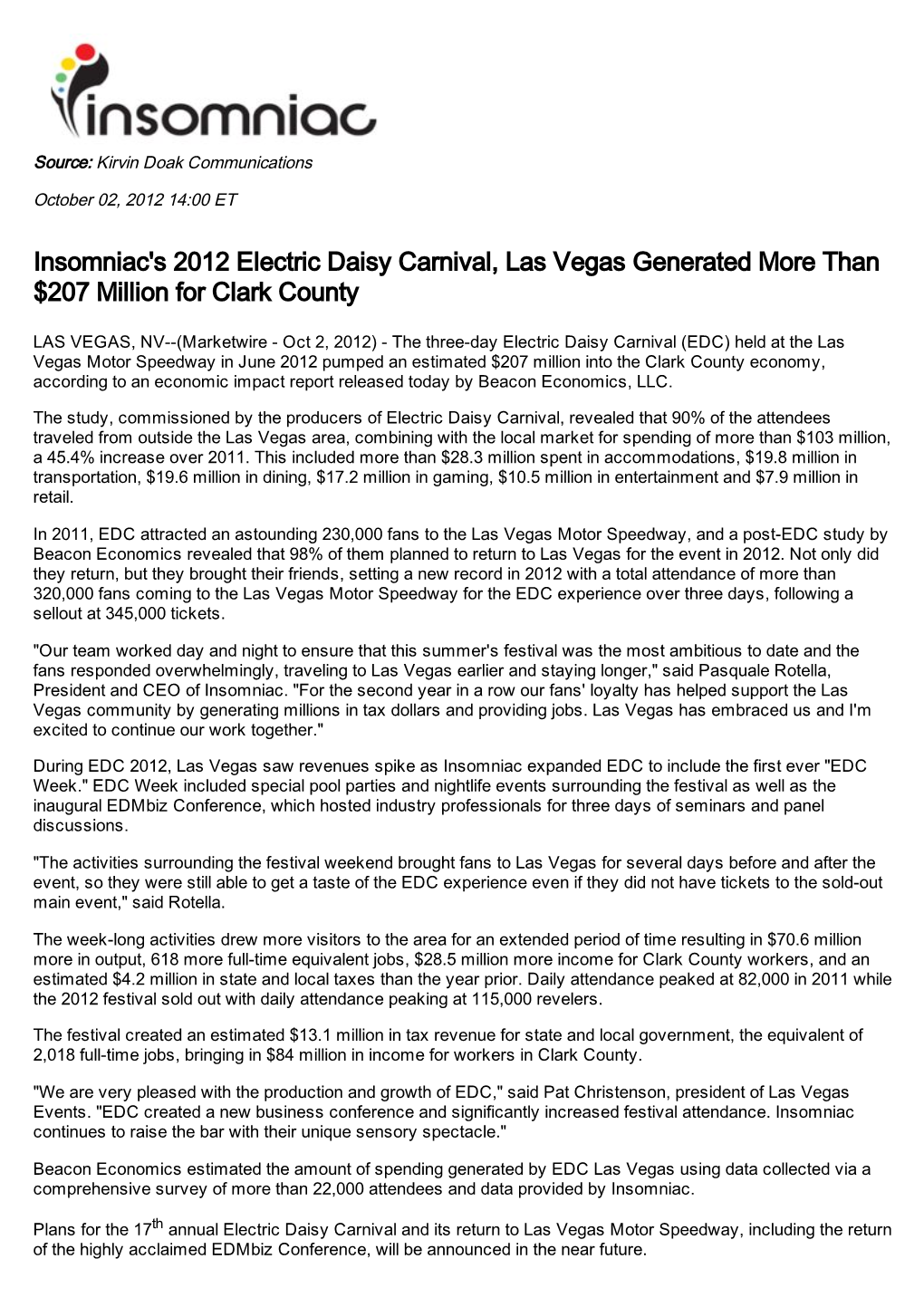 Insomniac's 2012 Electric Daisy Carnival, Las Vegas Generated More Than $207 Million for Clark County