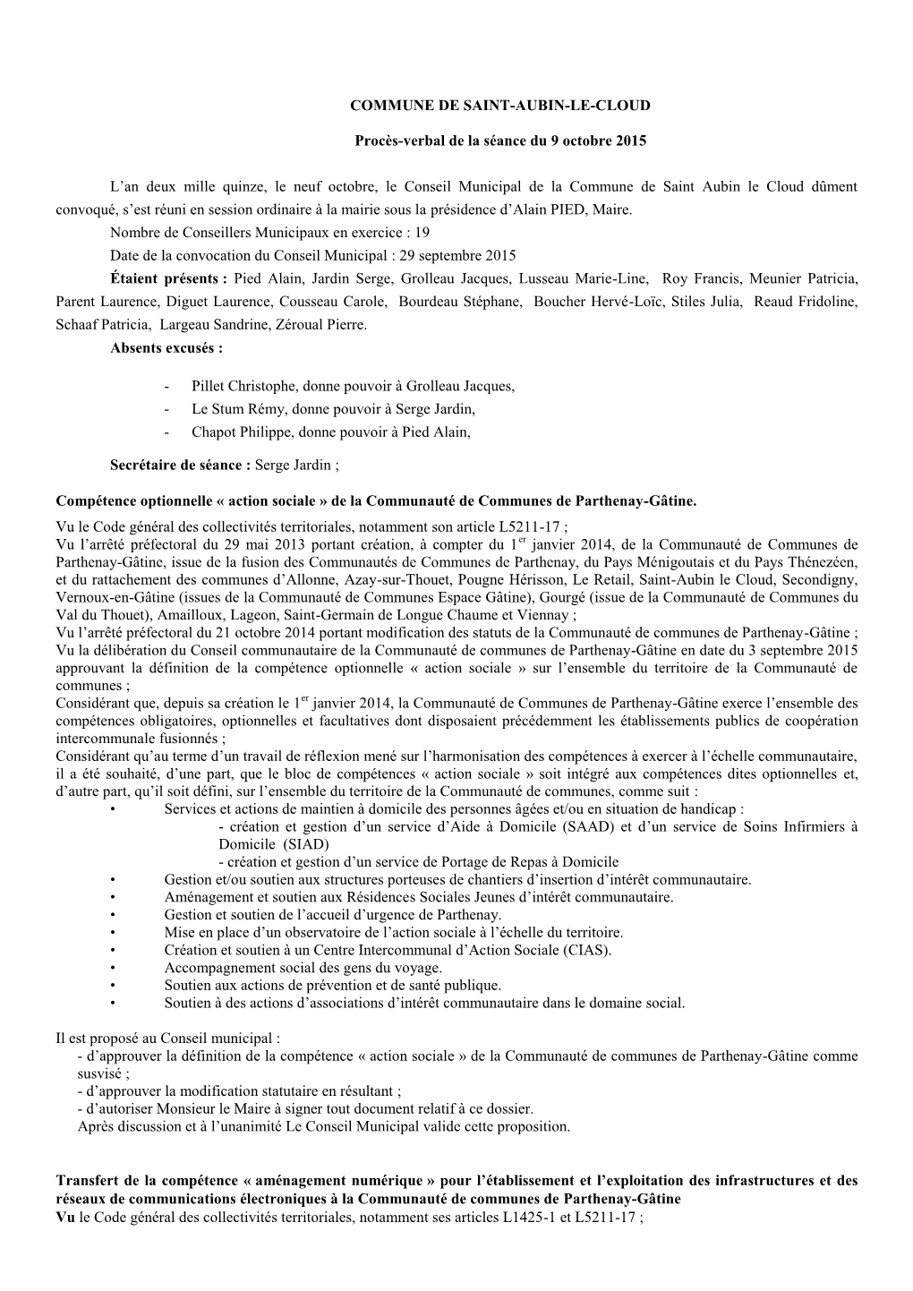 Compte-Rendu Du Conseil Municipal Du 9 Octobre