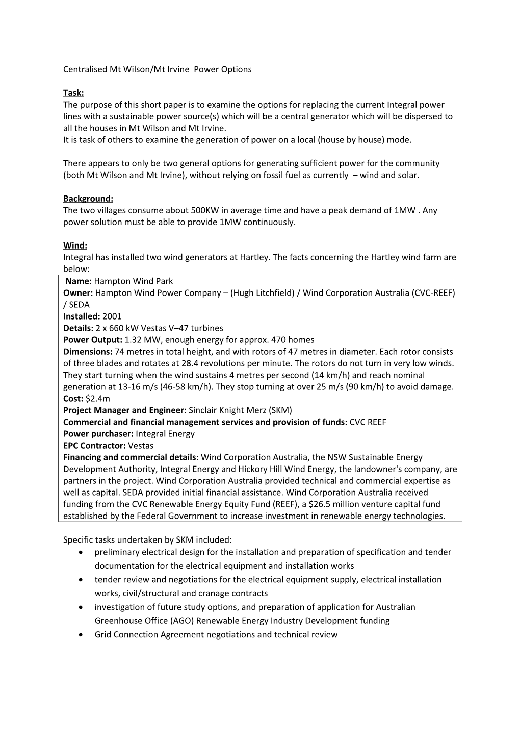 Centralised Mt Wilson/Mt Irvine Power Options Task