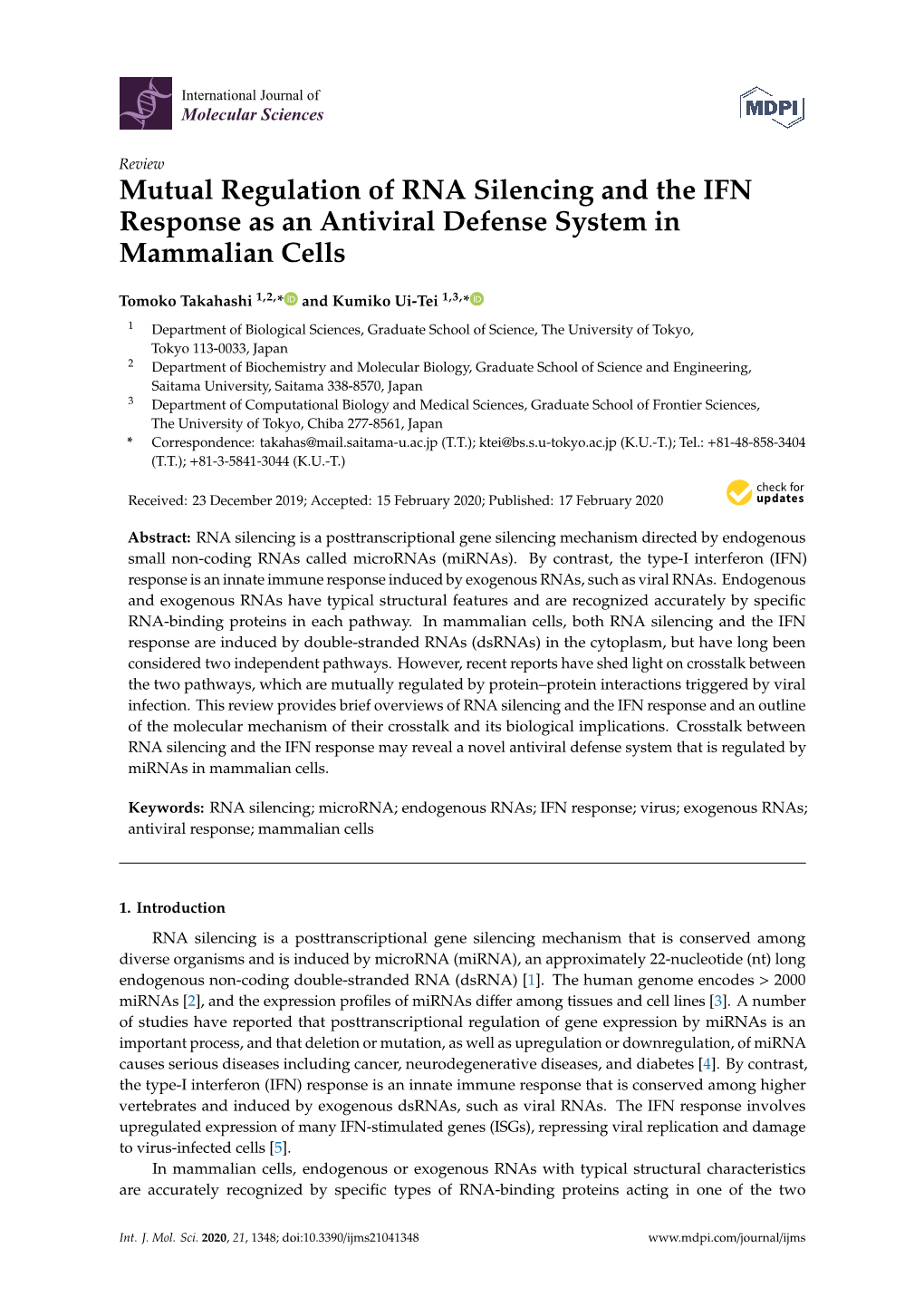 Mutual Regulation of RNA Silencing and the IFN Response As an Antiviral Defense System in Mammalian Cells