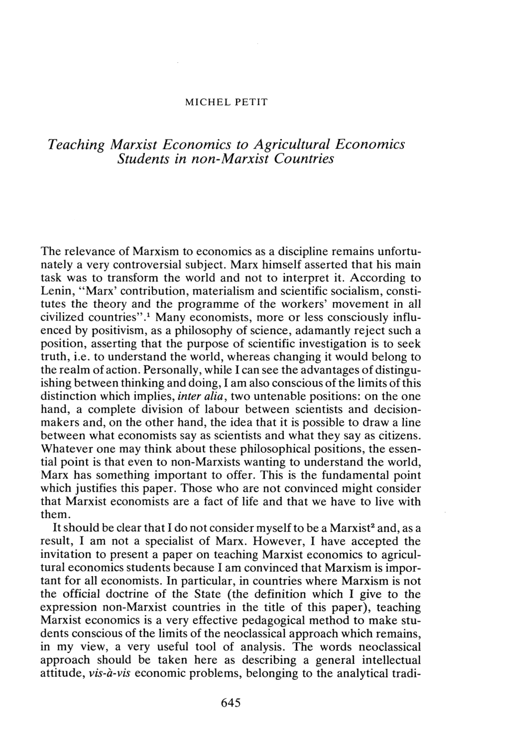 Teaching Marxist Economics to Agricultural Economics Students in Non-Marxist Countries