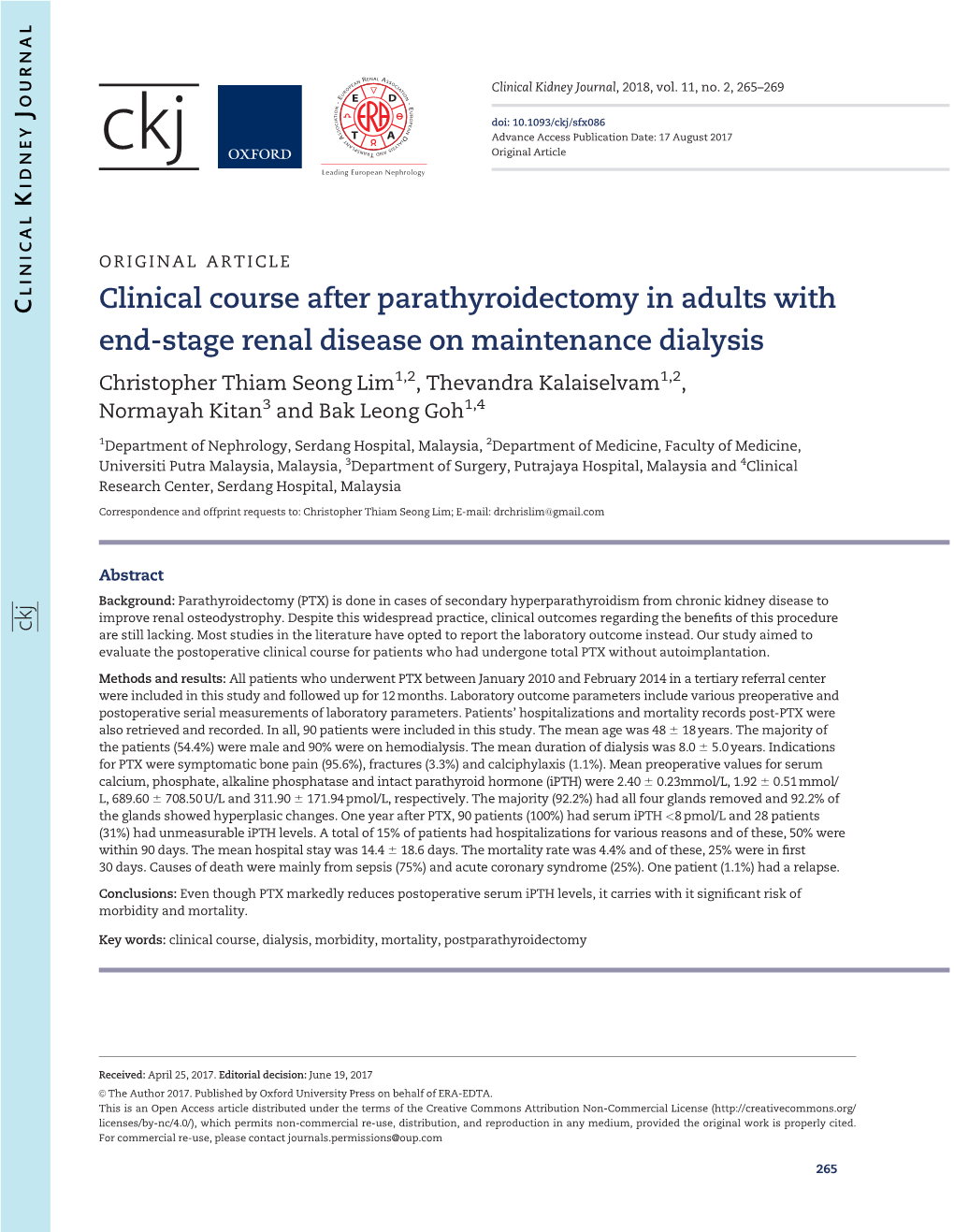 Clinical Course After Parathyroidectomy in Adults With