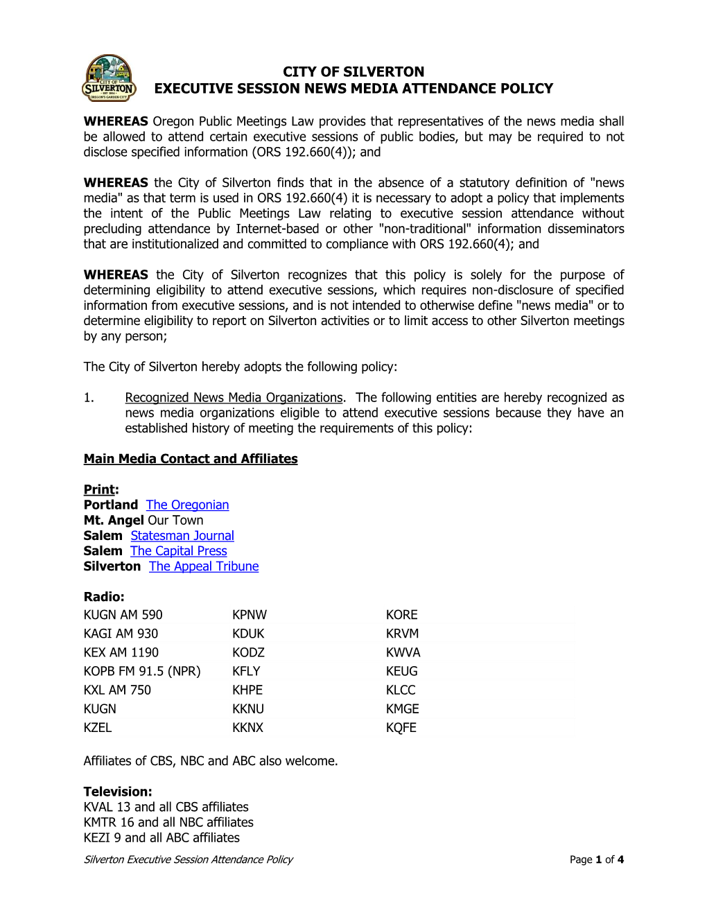 Executive Session News Media Attendance Policy