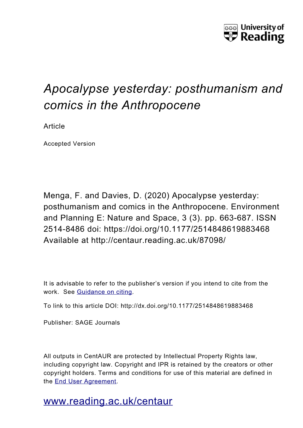 Apocalypse Yesterday: Posthumanism and Comics in the Anthropocene