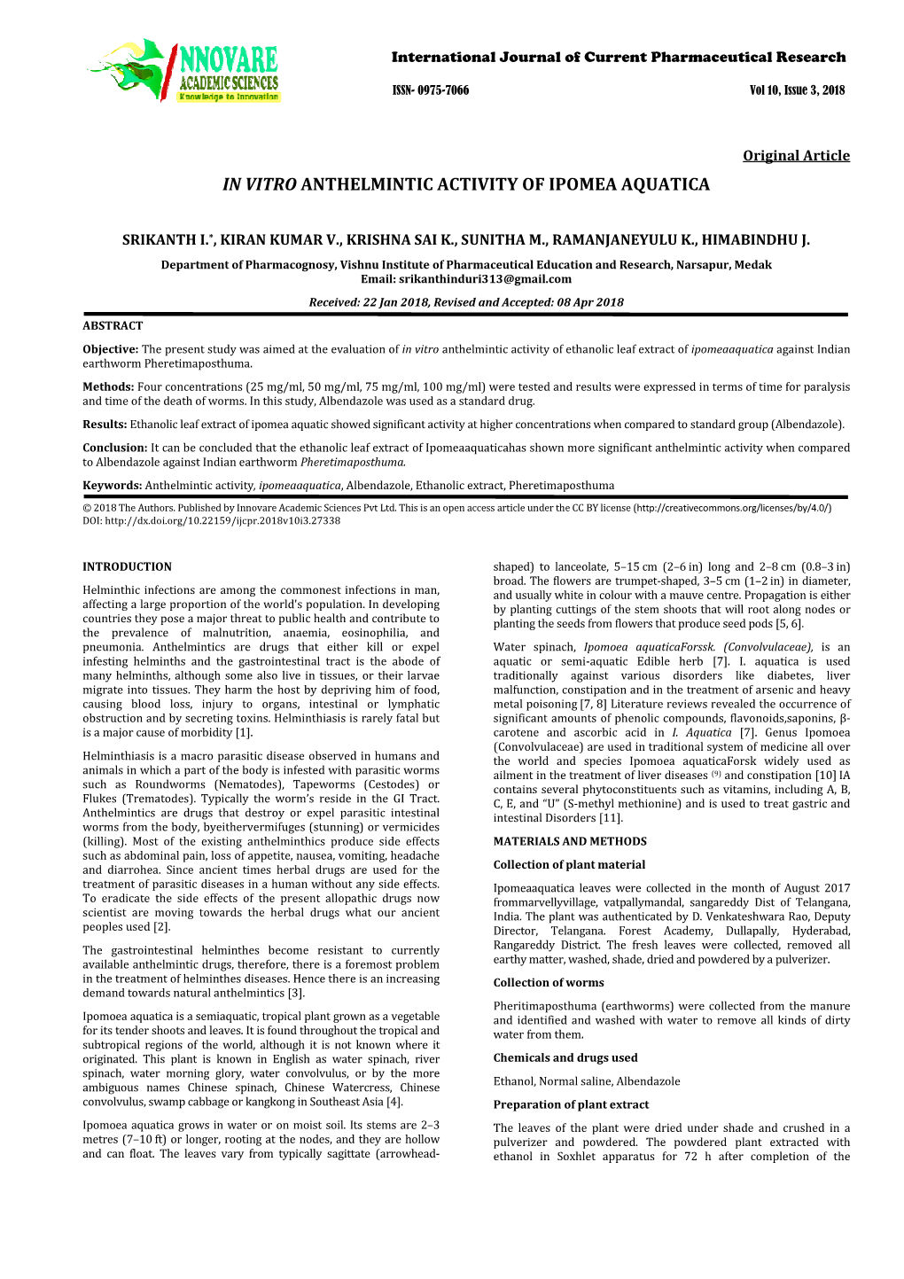 In Vitro Anthelmintic Activity of Ipomea Aquatica