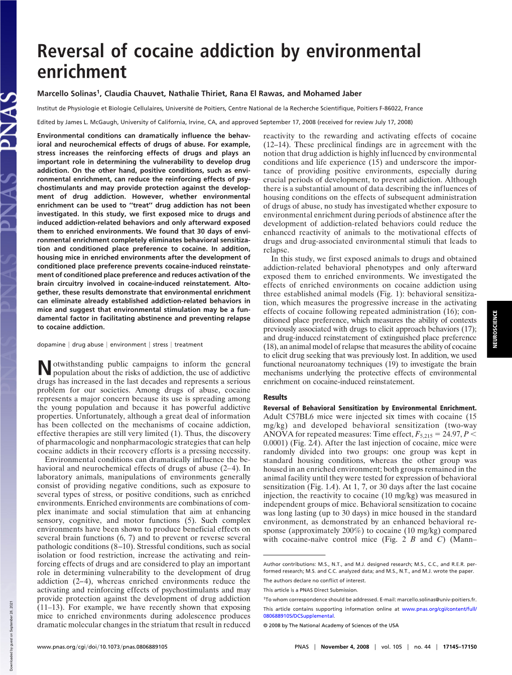 Reversal of Cocaine Addiction by Environmental Enrichment