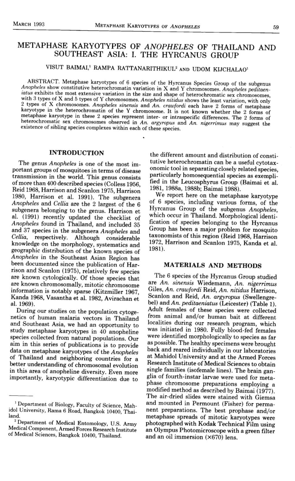 Metaphase Karyotypes of Anopheles of Thailand and Southeast Asia: I. the Hyrcanus Group