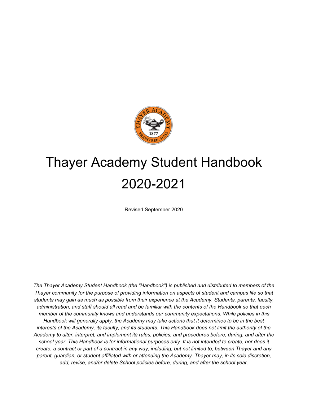 Thayer Academy Student Handbook 2020-2021