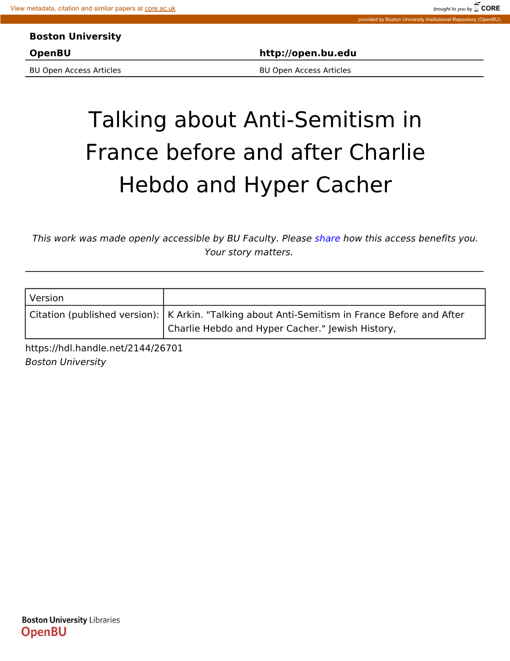 Talking About Anti-Semitism in France Before and After Charlie Hebdo and Hyper Cacher
