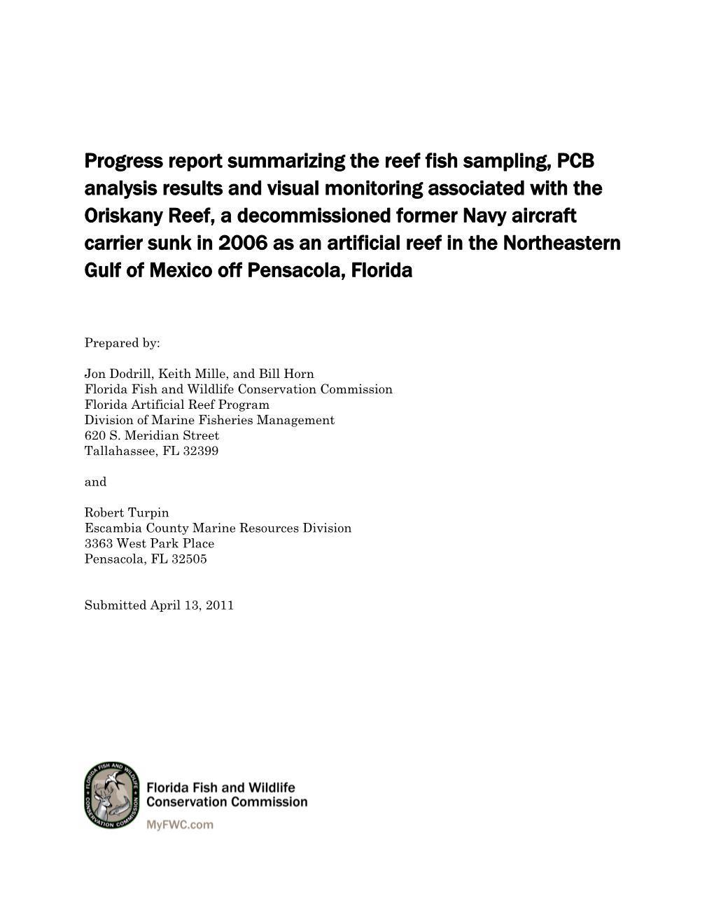 Progress Report Summarizing the Reef Fish Sampling, PCB Analysis Results