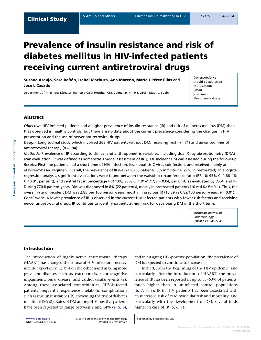 Prevalence of Insulin Resistance and Risk of Diabetes Mellitus in HIV-Infected Patients Receiving Current Antiretroviral Drugs