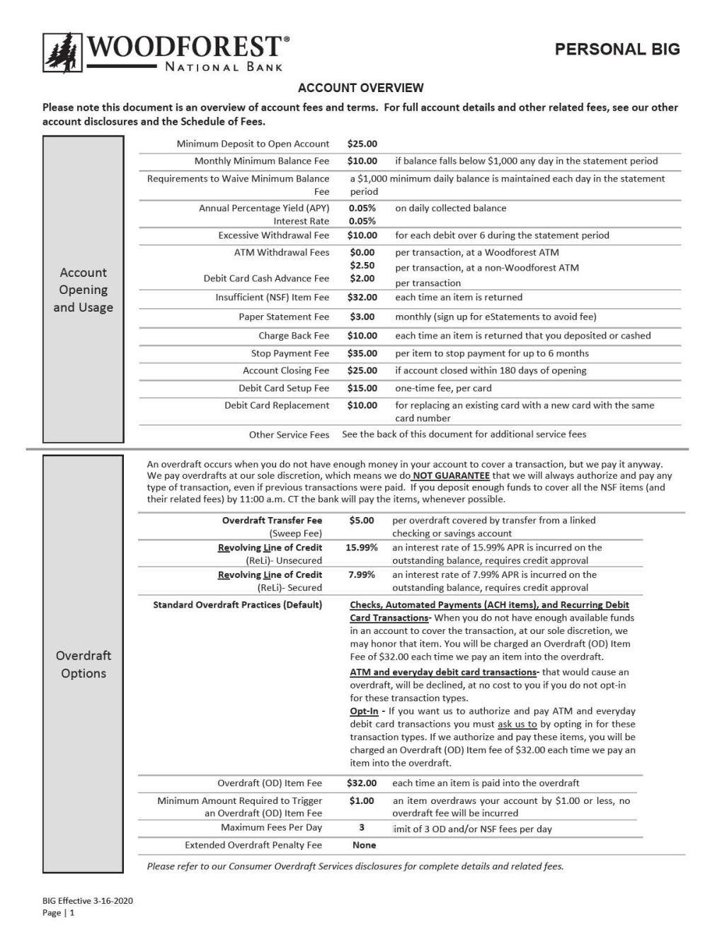 Personal Big Checking Account Overview