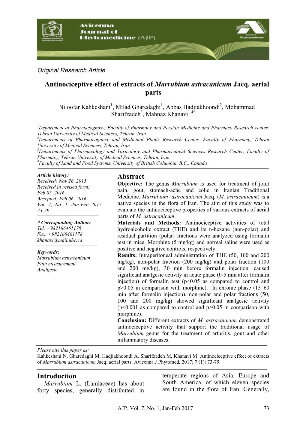 Antinociceptive Effect of Extracts of Marrubium Astracanicum Jacq