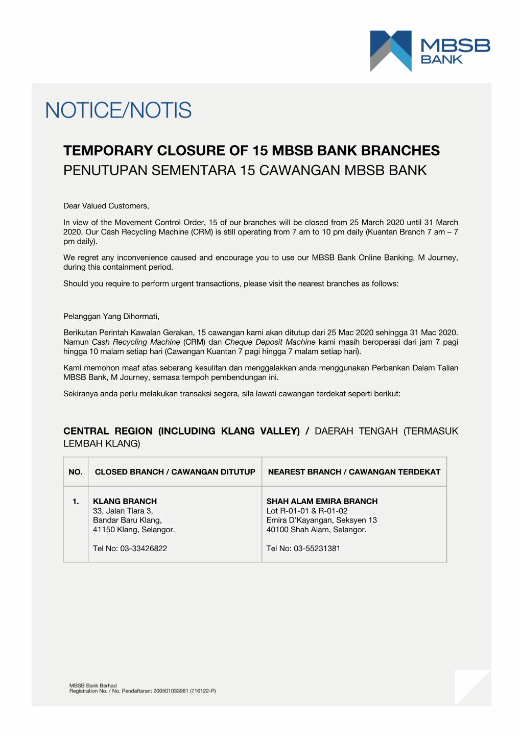 Temporary Closure of 15 Mbsb Bank Branches Penutupan Sementara 15 Cawangan Mbsb Bank