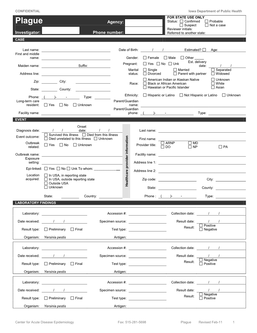 Plague Case Report Form