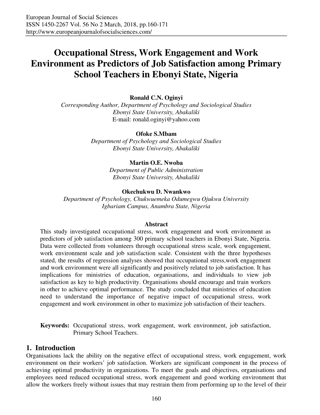 Occupational Stress, Work Engagement and Work Environment As Predictors of Job Satisfaction Among Primary School Teachers in Ebonyi State, Nigeria