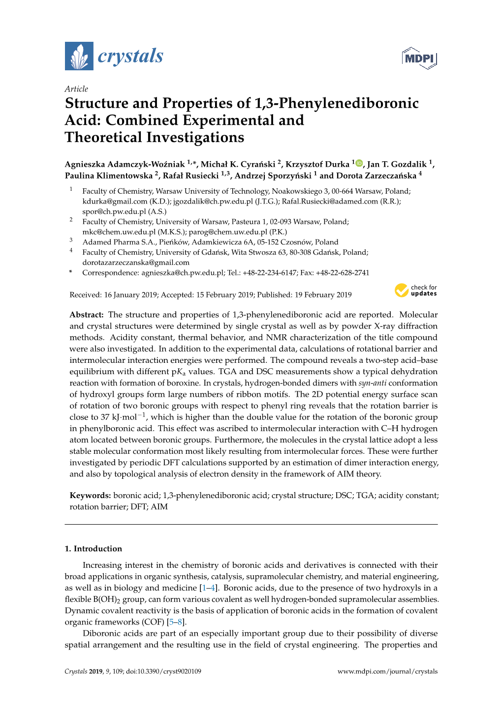 Structure and Properties of 1,3-Phenylenediboronic Acid: Combined Experimental and Theoretical Investigations