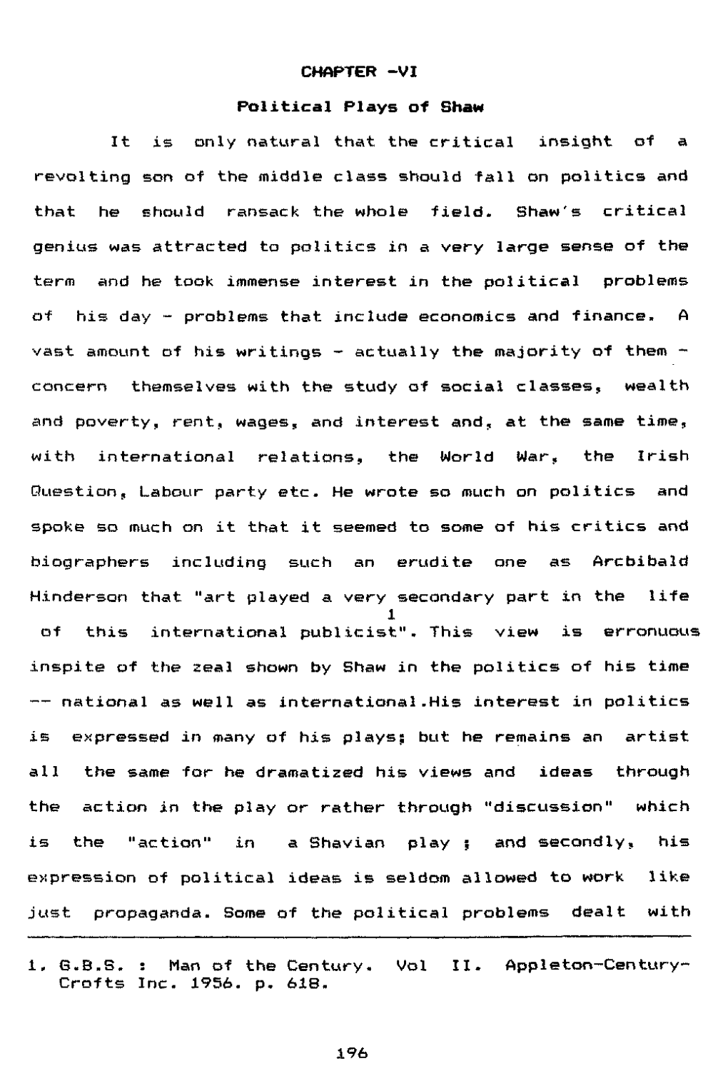 CHAPTER -VI Political Plays of Shaw It Is Only Natural That the Critical