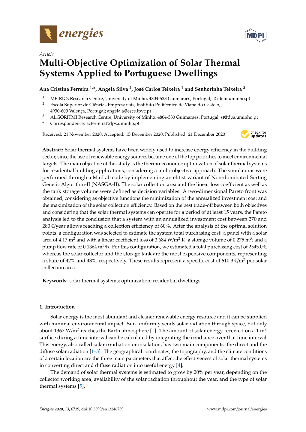 Multi-Objective Optimization of Solar Thermal Systems Applied to Portuguese Dwellings