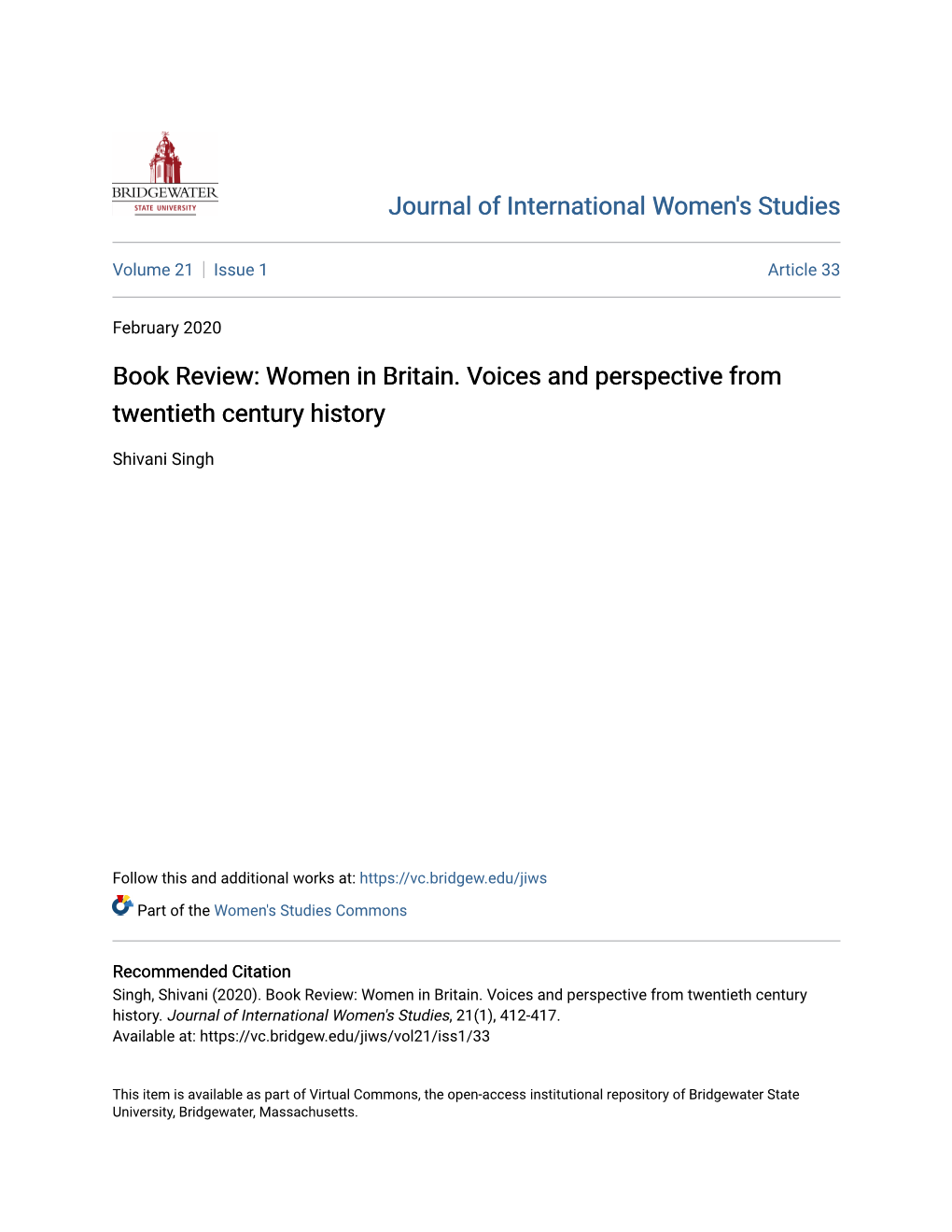 Women in Britain. Voices and Perspective from Twentieth Century History