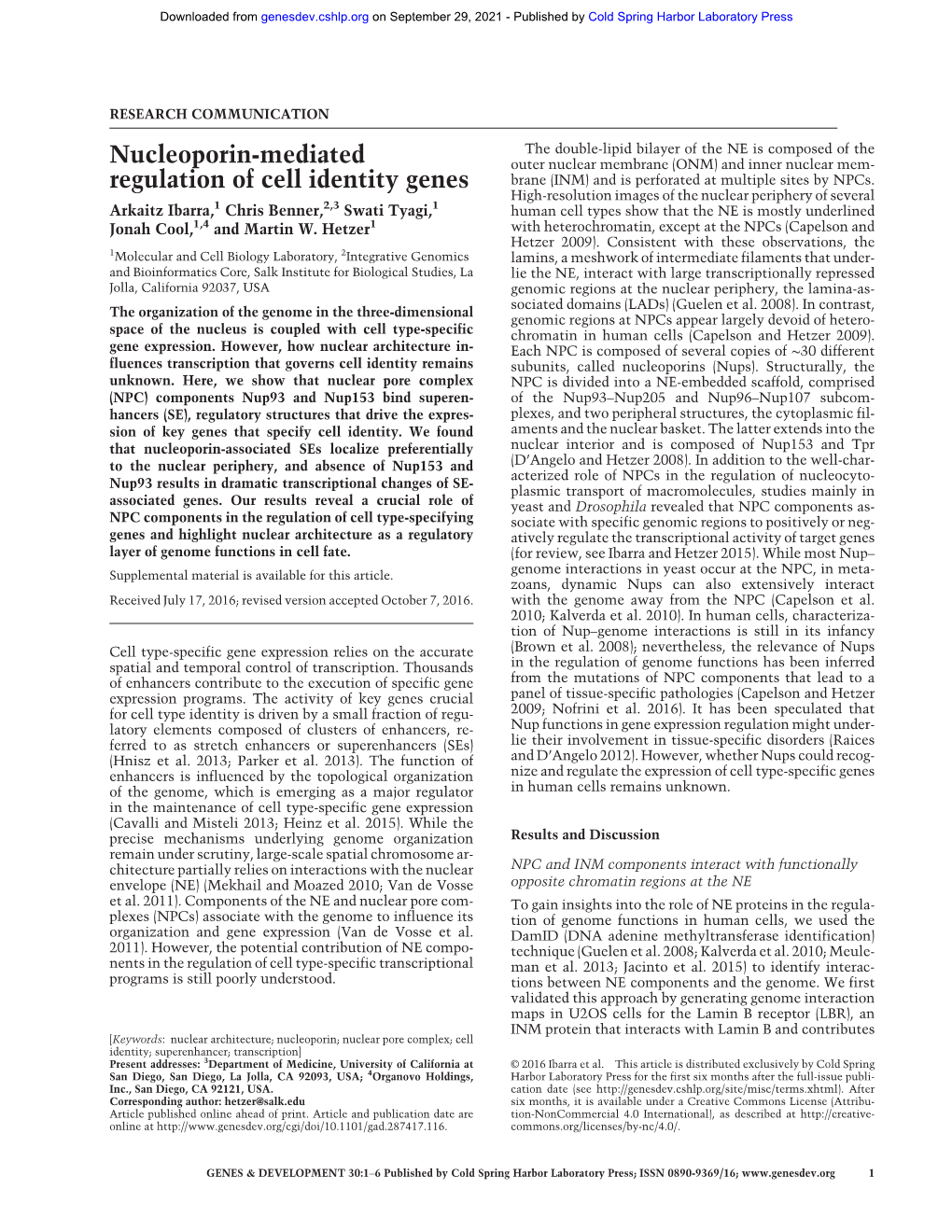 Nucleoporin-Mediated Regulation of Cell Identity Genes