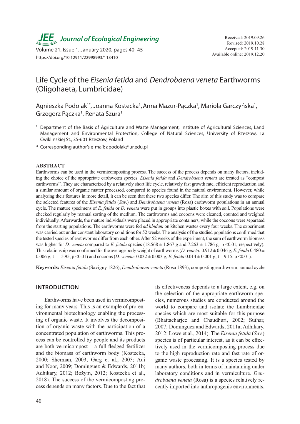 Life Cycle of the Eisenia Fetida and Dendrobaena Veneta Earthworms (Oligohaeta, Lumbricidae)