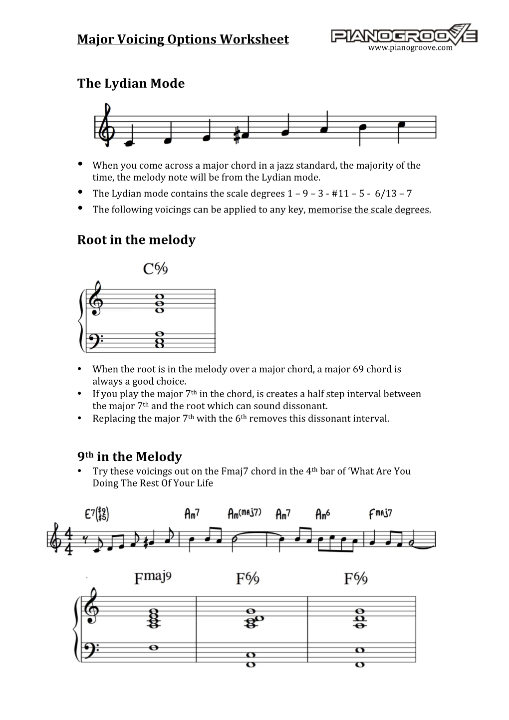 Major Voicing Options Worksheet the Lydian Mode Root in the Melody