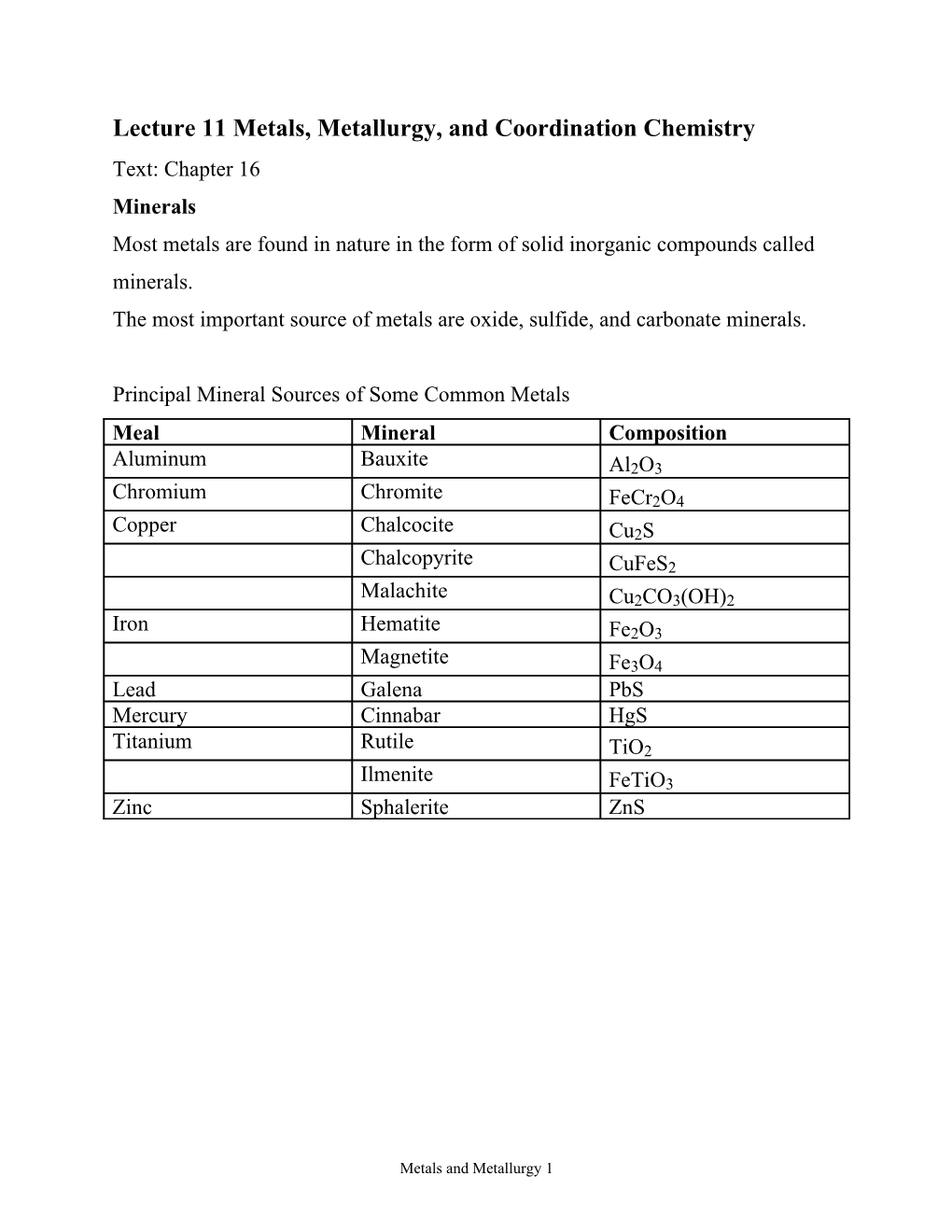 Lecture 11 Metals, Metallurgy, and Coordination Chemistry